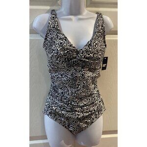 Lands’ End Women’s Tank Swimsuit Bathing Suit Slimming Paisley Black Size Medium